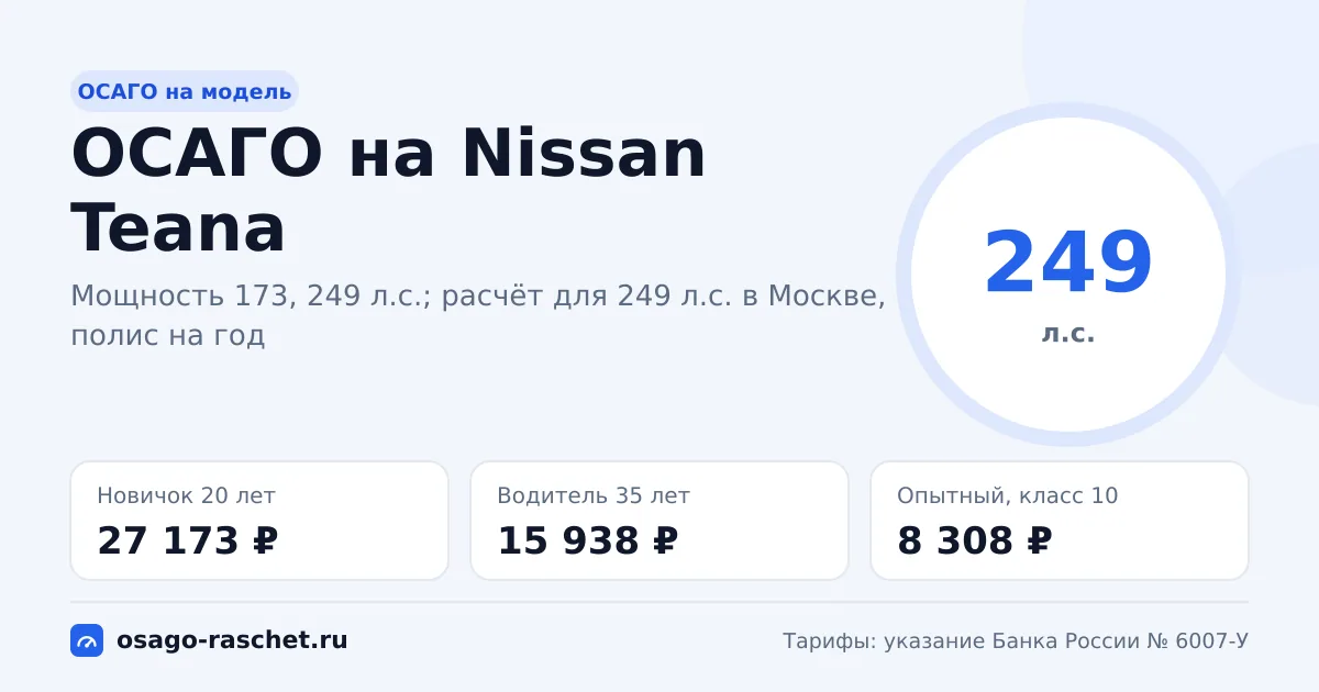Сколько стоит ОСАГО на Nissan Teana в 2026