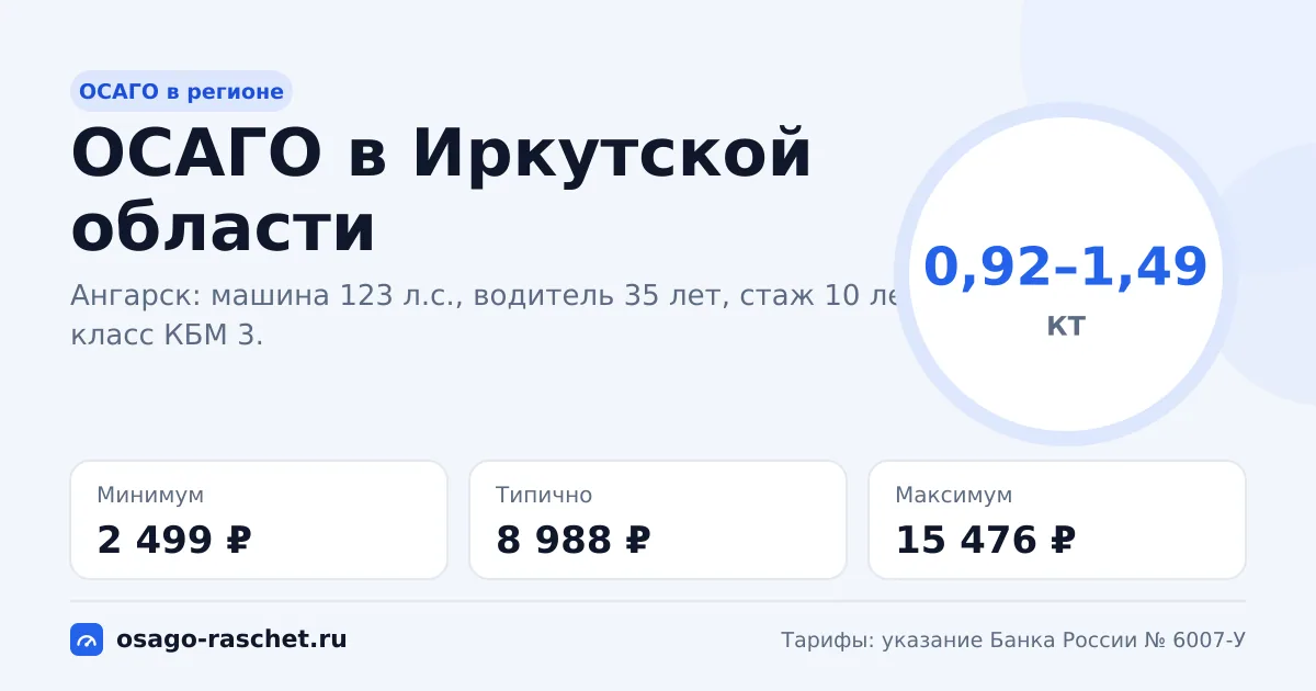 ОСАГО в Иркутской области 2026: КТ 0,92–1,49