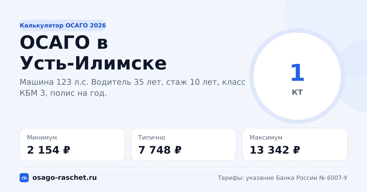 Калькулятор ОСАГО в Усть-Илимске 2026: КТ 1 и цены